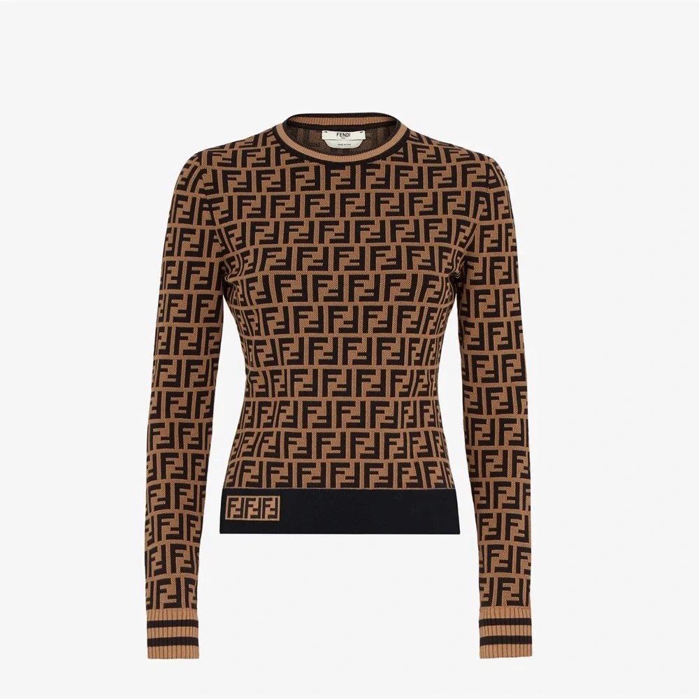 Fendi FF Motif Monogram Jacquard Long Sleeve Sweater in Brown - Picture 2 of 10